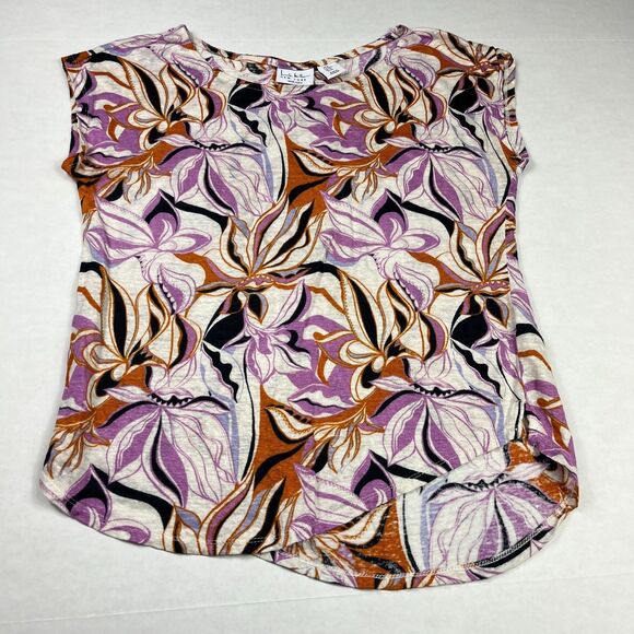 Nicole Miller Linen Tee Medium Floral Artsy Bold Print Boho Shirt Lightweight - Picture 1 of 9